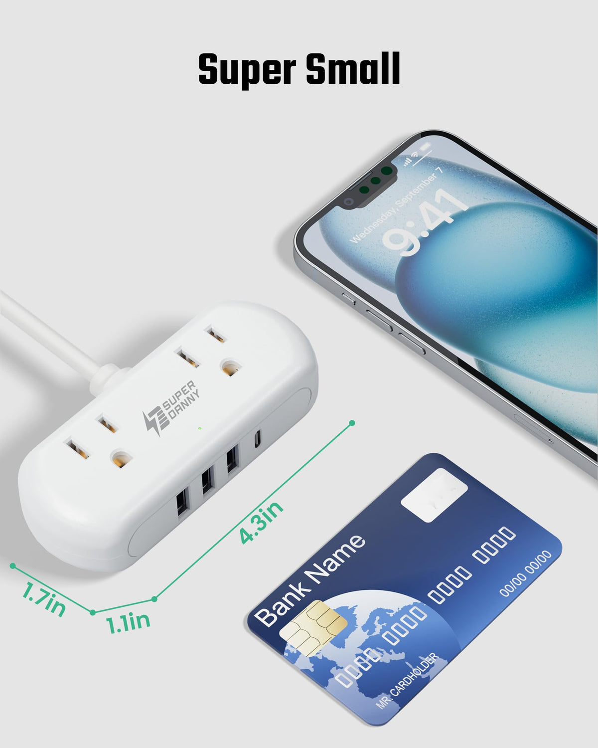 SUPERDANNY charging hub showing USB ports for phone, tablet, and accessories.