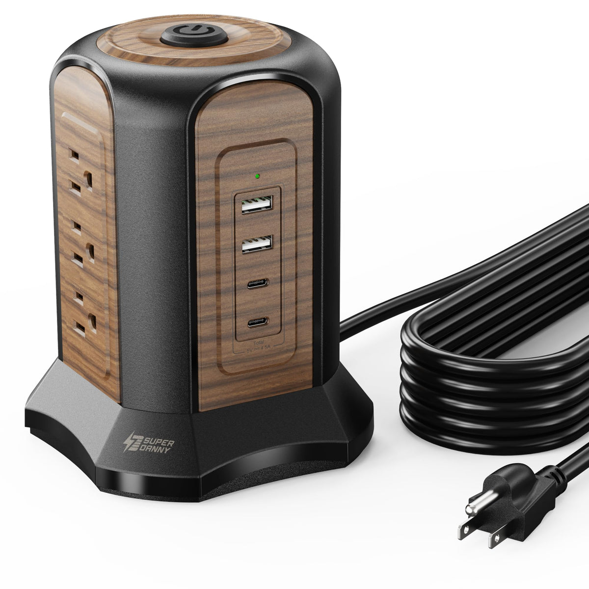 SUPERDANNY power tower front view showing outlets and USB ports for decluttered charging
