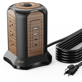 SUPERDANNY power tower front view showing outlets and USB ports for decluttered charging