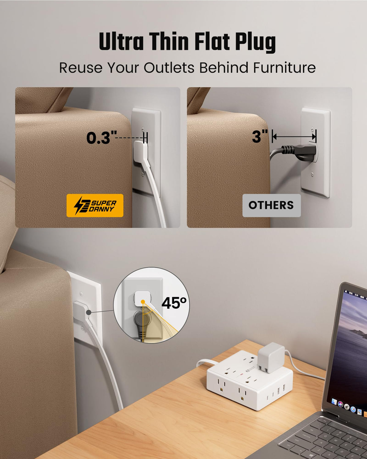 SUPERDANNY right-angle 45-degree plug frees space for lower outlets.