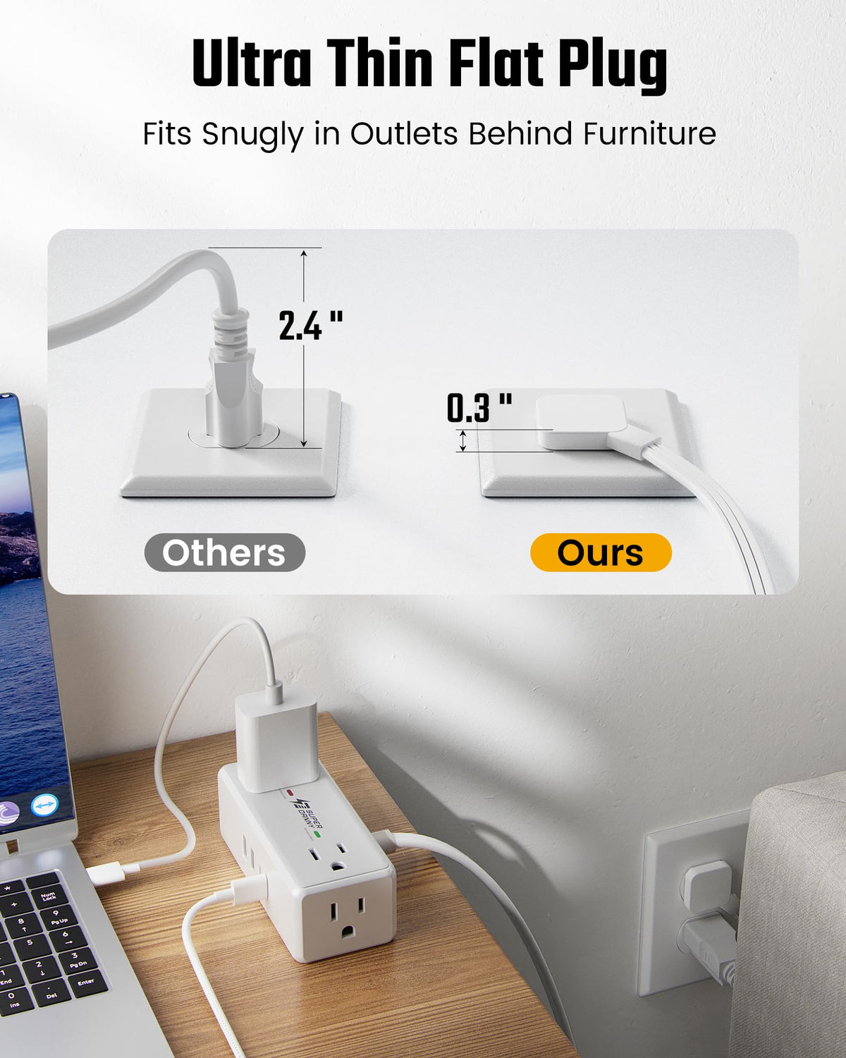 SUPERDANNY 45-degree right-angle plug frees space behind furniture