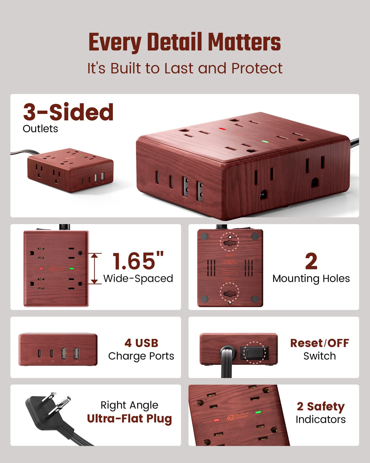 SUPERDANNY safety label and protection specs highlighting surge and overload safeguards