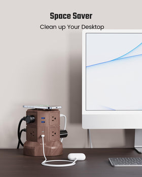 SUPERDANNY power strip height comparison next to laptop showing compact scale and space savings
