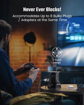 SUPERDANNY side outlets closeup accommodates bulky adapters and prevents socket blocking