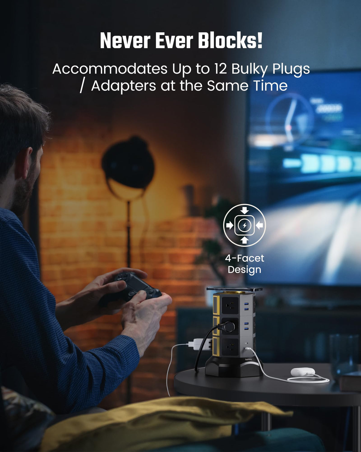 SUPERDANNY side outlets with bulky plugs demonstrating fit for large adapters and space saving