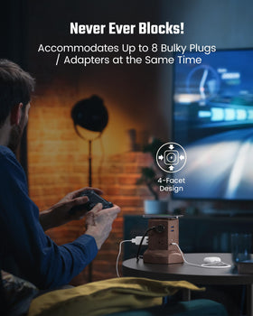 SUPERDANNY side panel with eight AC outlets and four USB ports preventing bulky plug interference