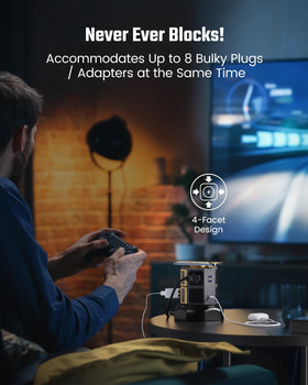 SUPERDANNY side view showing four-sided outlets and USB ports for bulky adapters