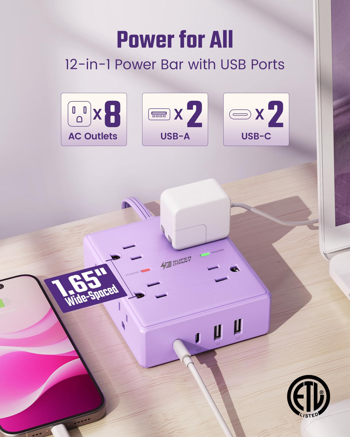 SUPERDANNY side profile showing four-sided outlet layout, prevents blocked sockets