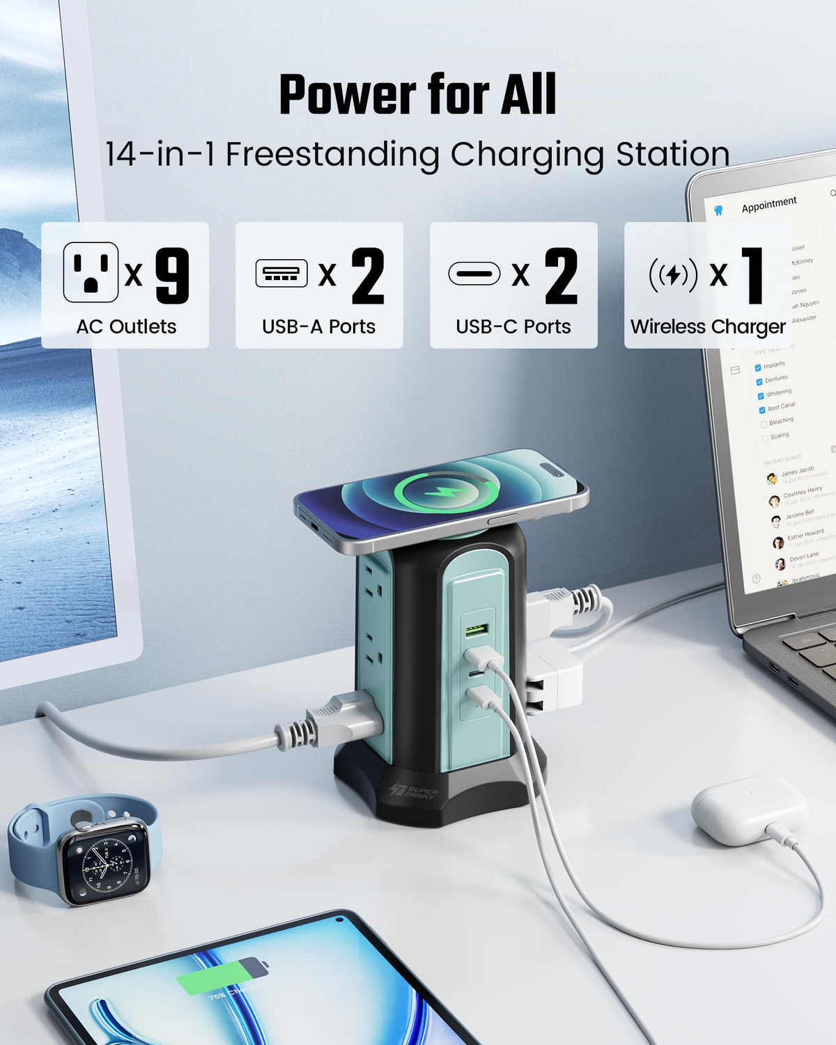 SUPERDANNY top view showing USB ports and AC outlets for fast multi-device charging