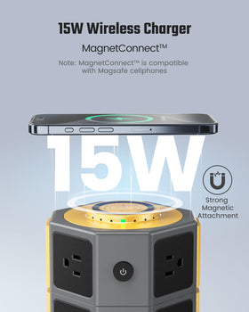 SUPERDANNY closeup of top 15W magnetic wireless pad holding phone for secure charging