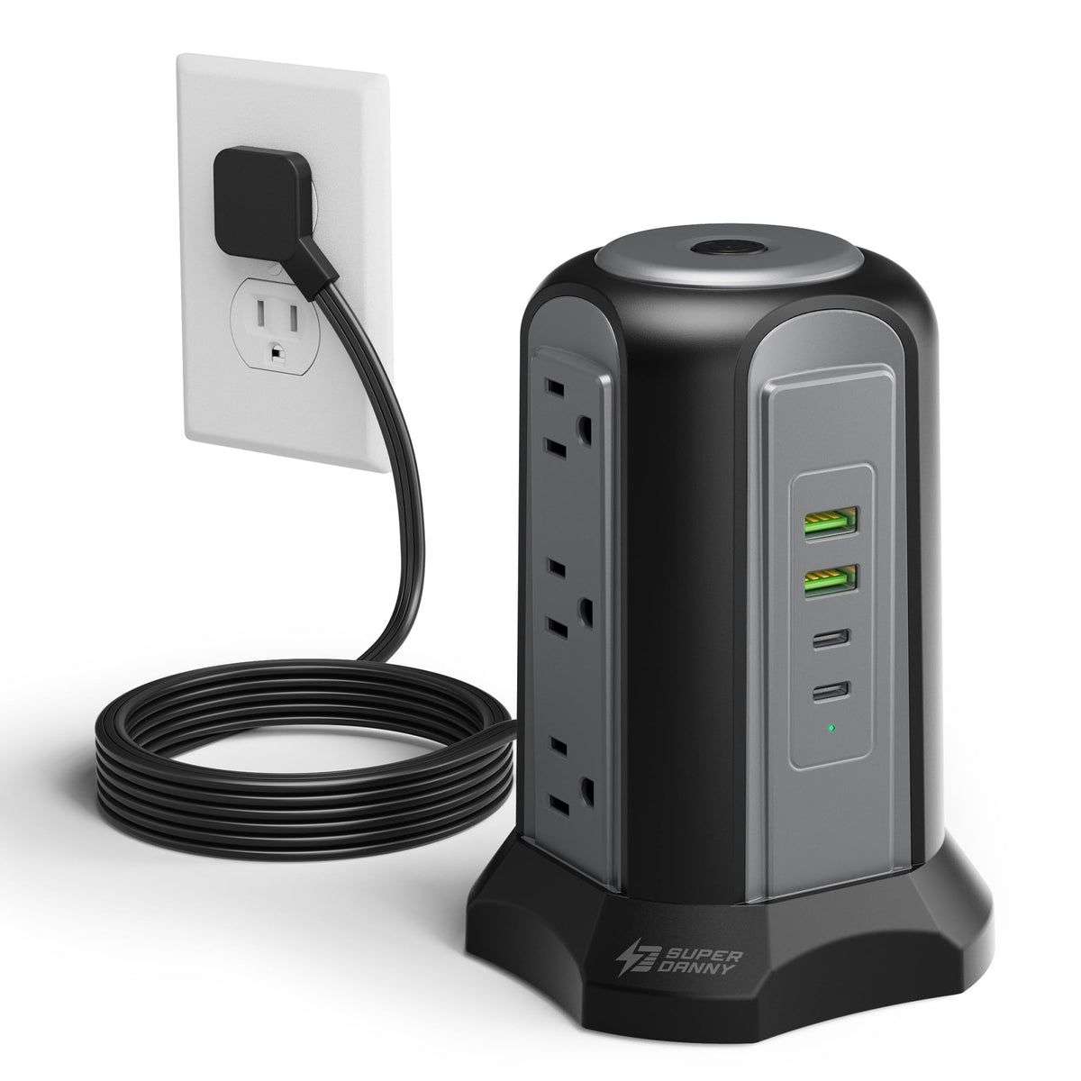 SUPERDANNY front view of tower showing nine outlets and four USB ports for organized charging