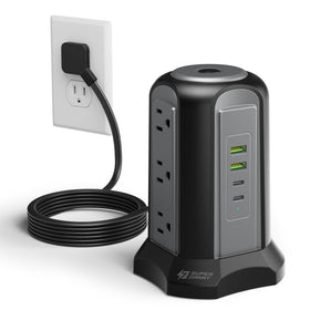 SUPERDANNY front view of tower showing nine outlets and four USB ports for organized charging