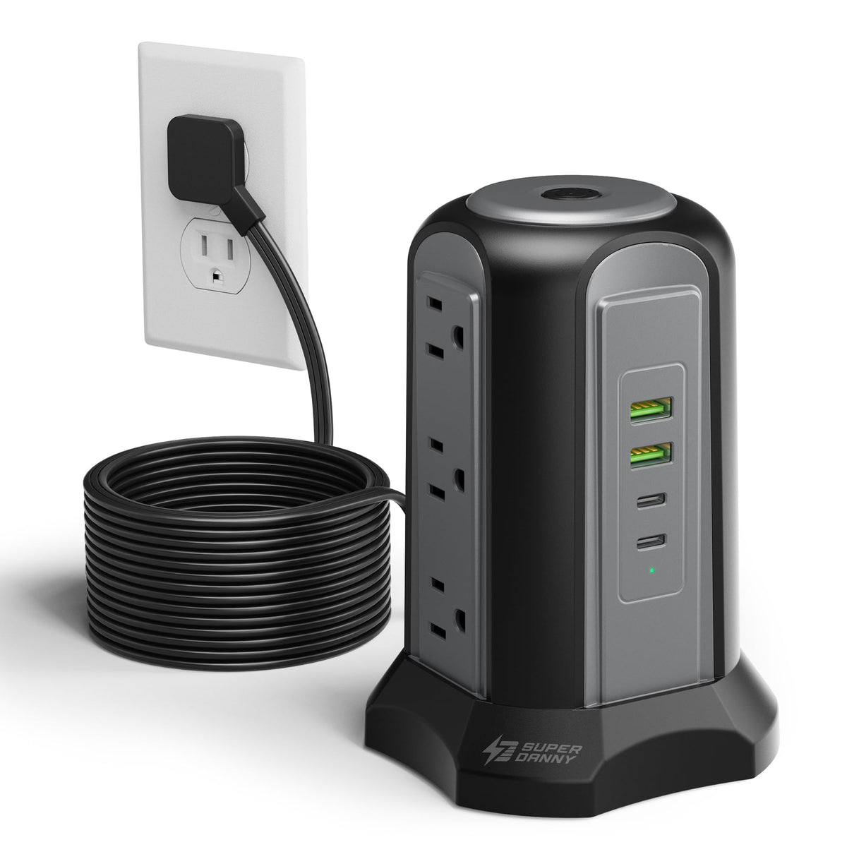 SUPERDANNY tower front view showing nine outlets and four USB ports for organized charging