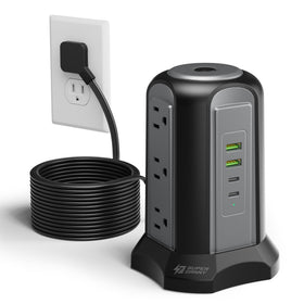 SUPERDANNY tower front view showing nine outlets and four USB ports for organized charging