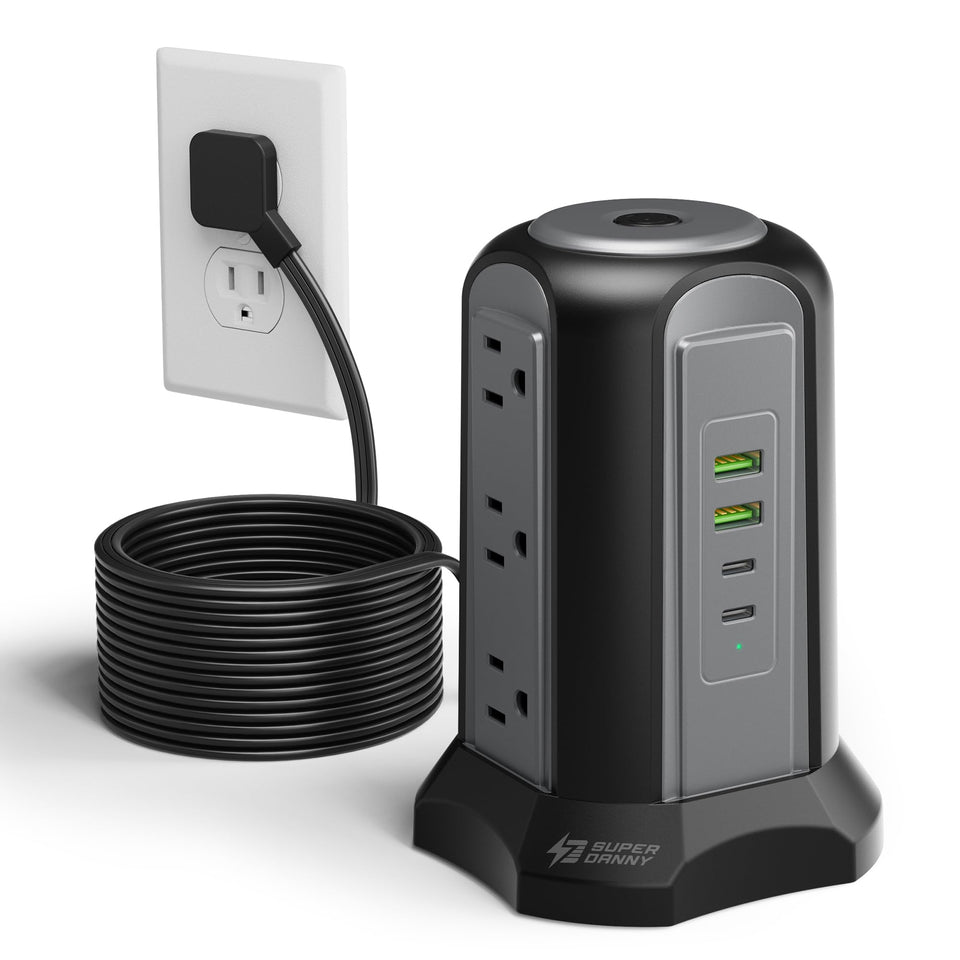 SUPERDANNY tower front view showing nine outlets and four USB ports for organized charging