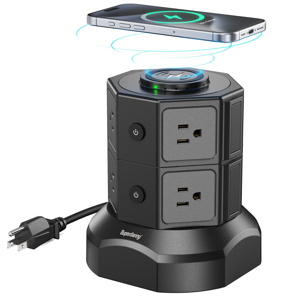 SUPERDANNY tower front view showing all outlets and compact footprint for organized power