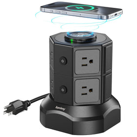 SUPERDANNY tower front view showing all outlets and compact footprint for organized power