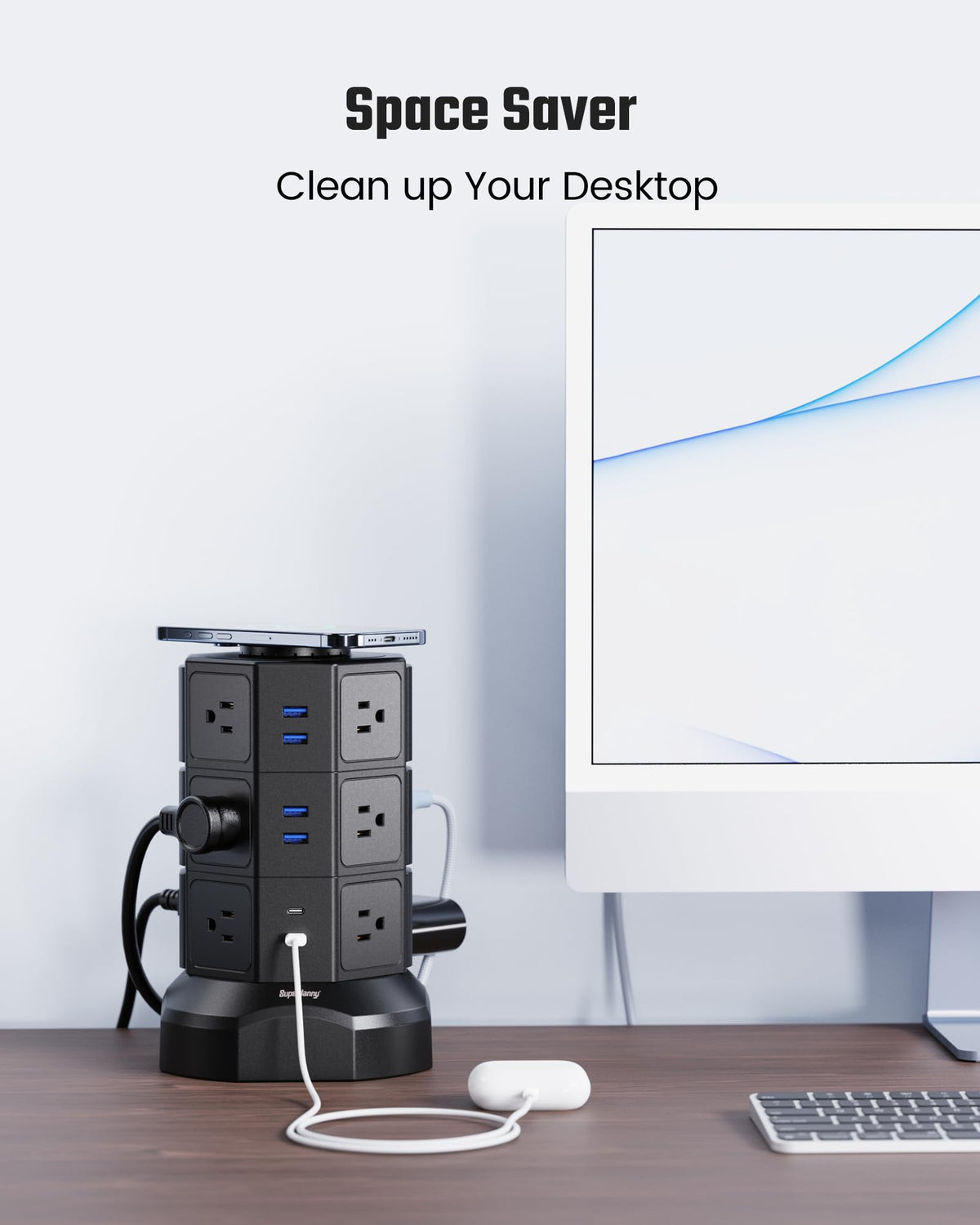 Compact dorm or office setup with organized power