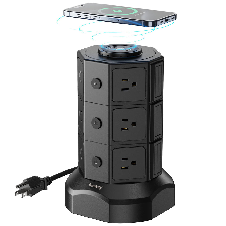 SUPERDANNY Tower Power Strip with wireless charger on top for easy charging