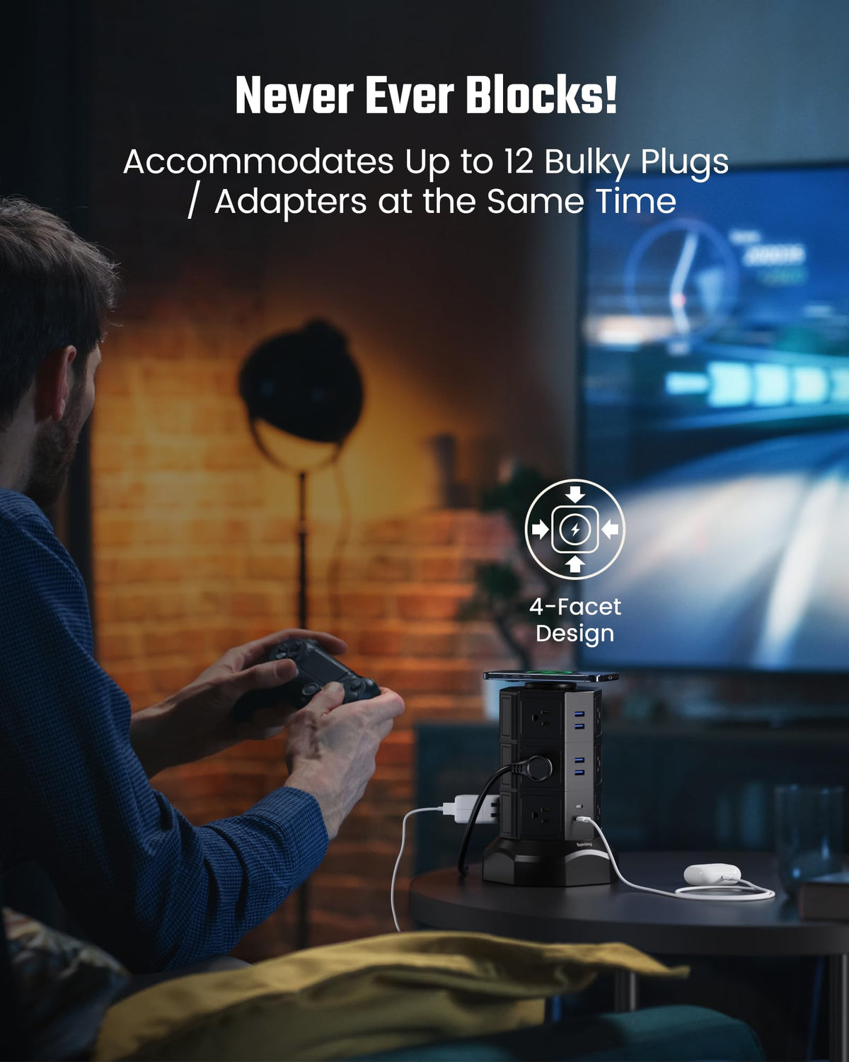 USB ports (4 USB-A, 2 USB-C) support versatile charging