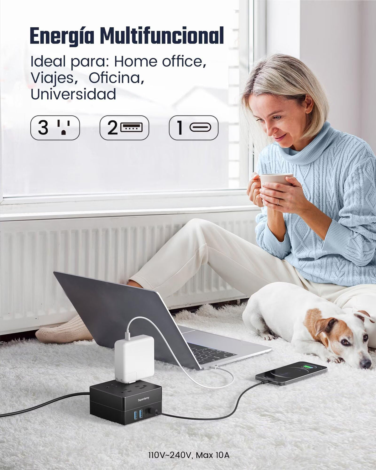 SUPERDANNY power strip with four USB ports for convenient device charging.