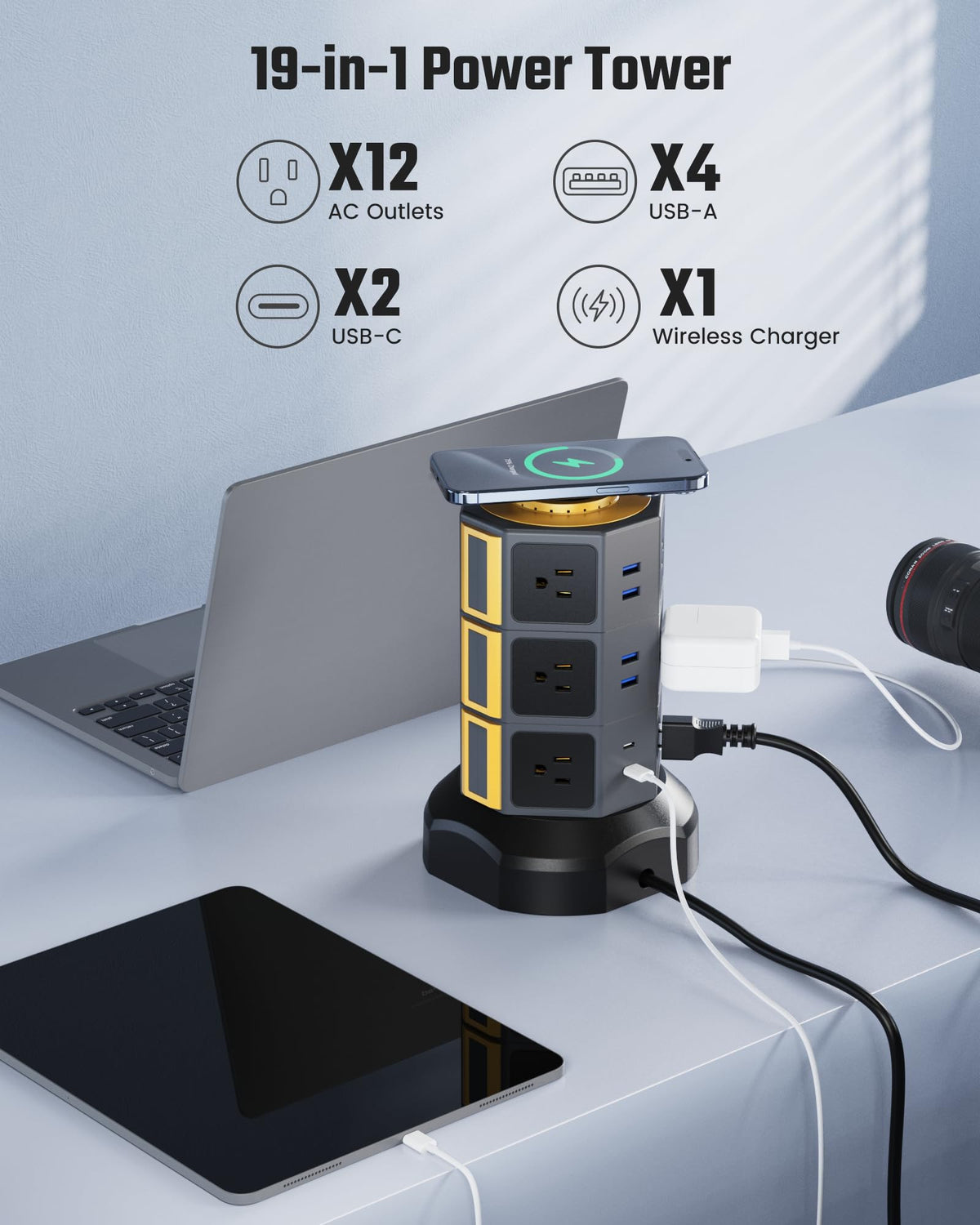 SUPERDANNY close-up of USB ports and labels highlighting quick-access charging and clear specs