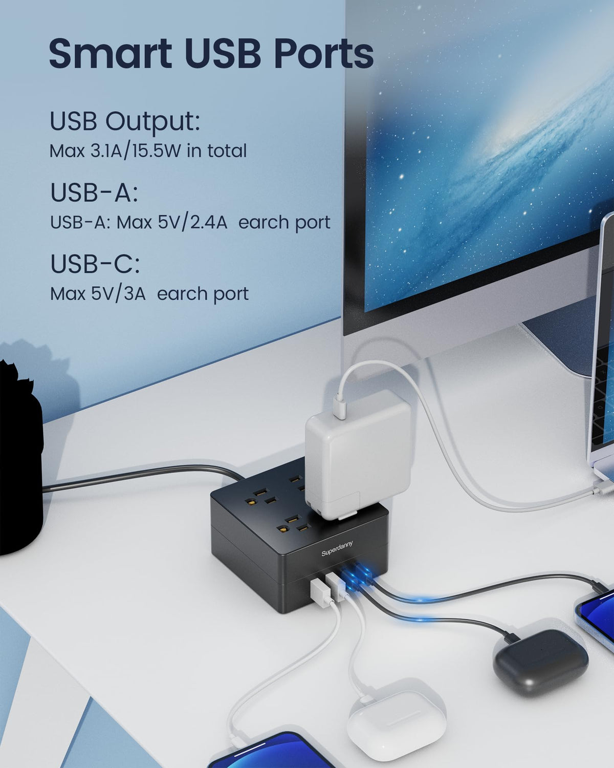 SUPERDANNY USB ports and LED indicator delivering smart fast-charging