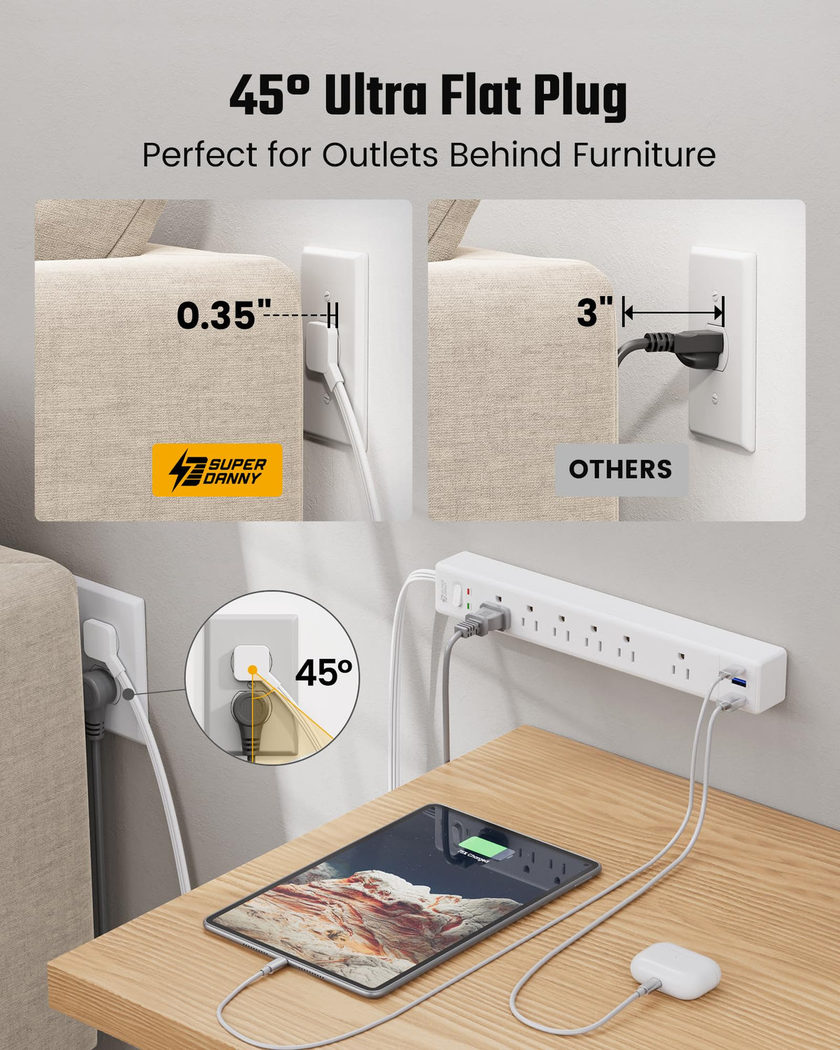 SUPERDANNY USB ports close-up highlighting USB-C and dual USB-A fast charging