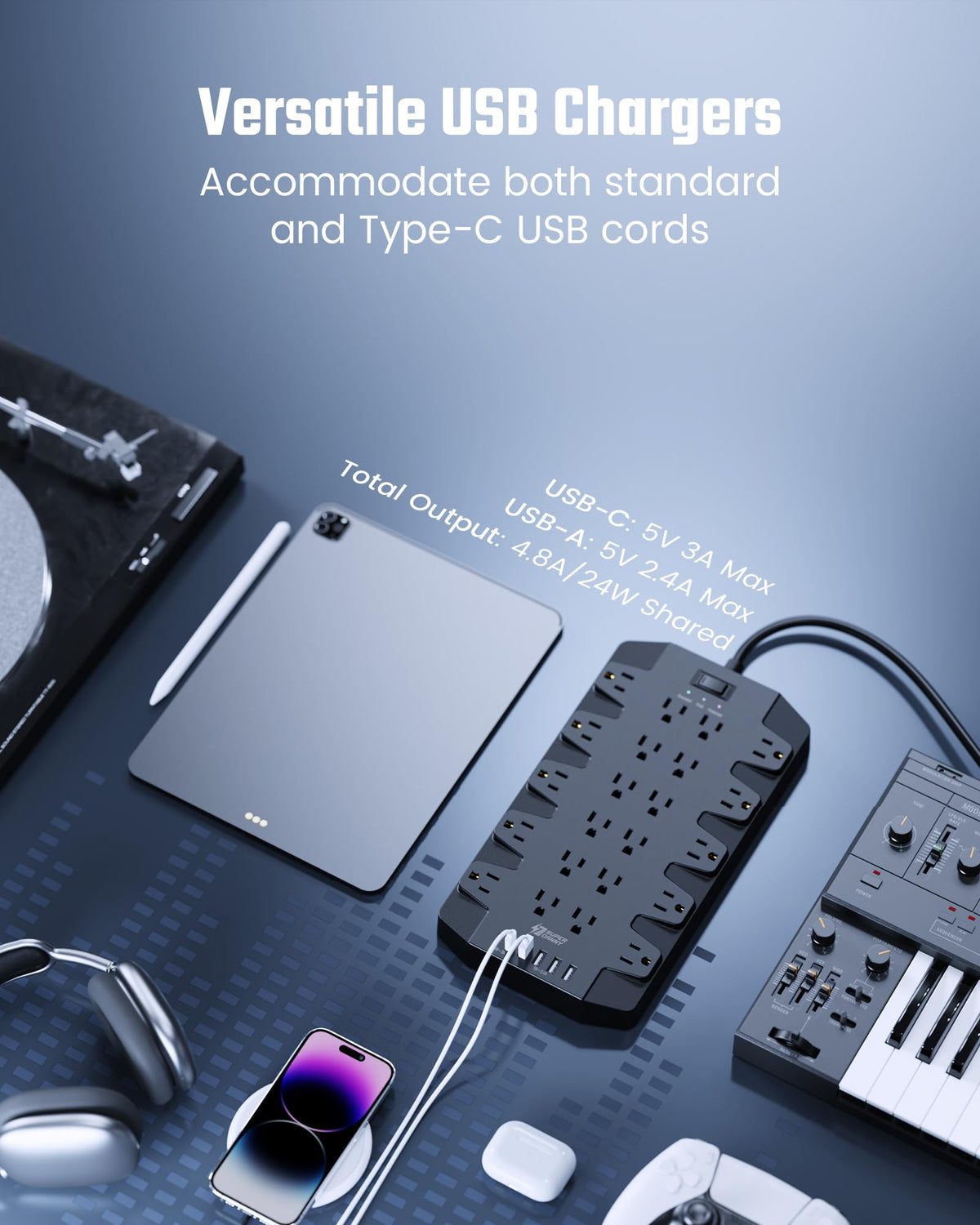 SUPERDANNY close-up of 2 USB-C and 4 USB-A ports showing fast smart charging