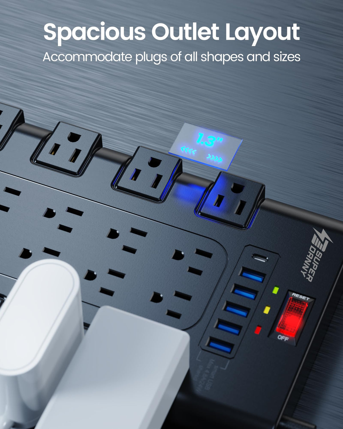 SUPERDANNY USB ports detail showing smart charging benefit for devices