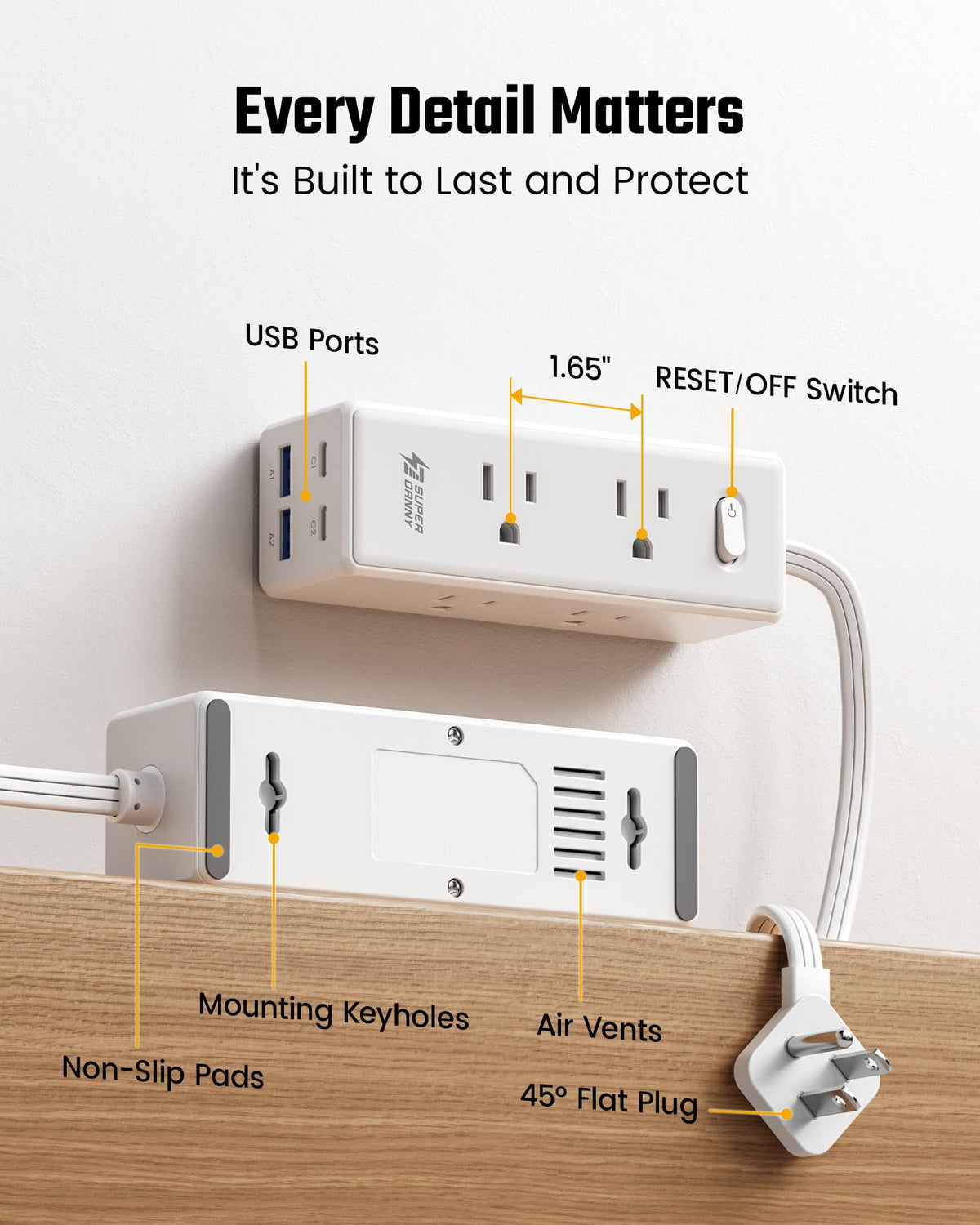 SUPERDANNY back mounting holes enable secure wall or desk installation.