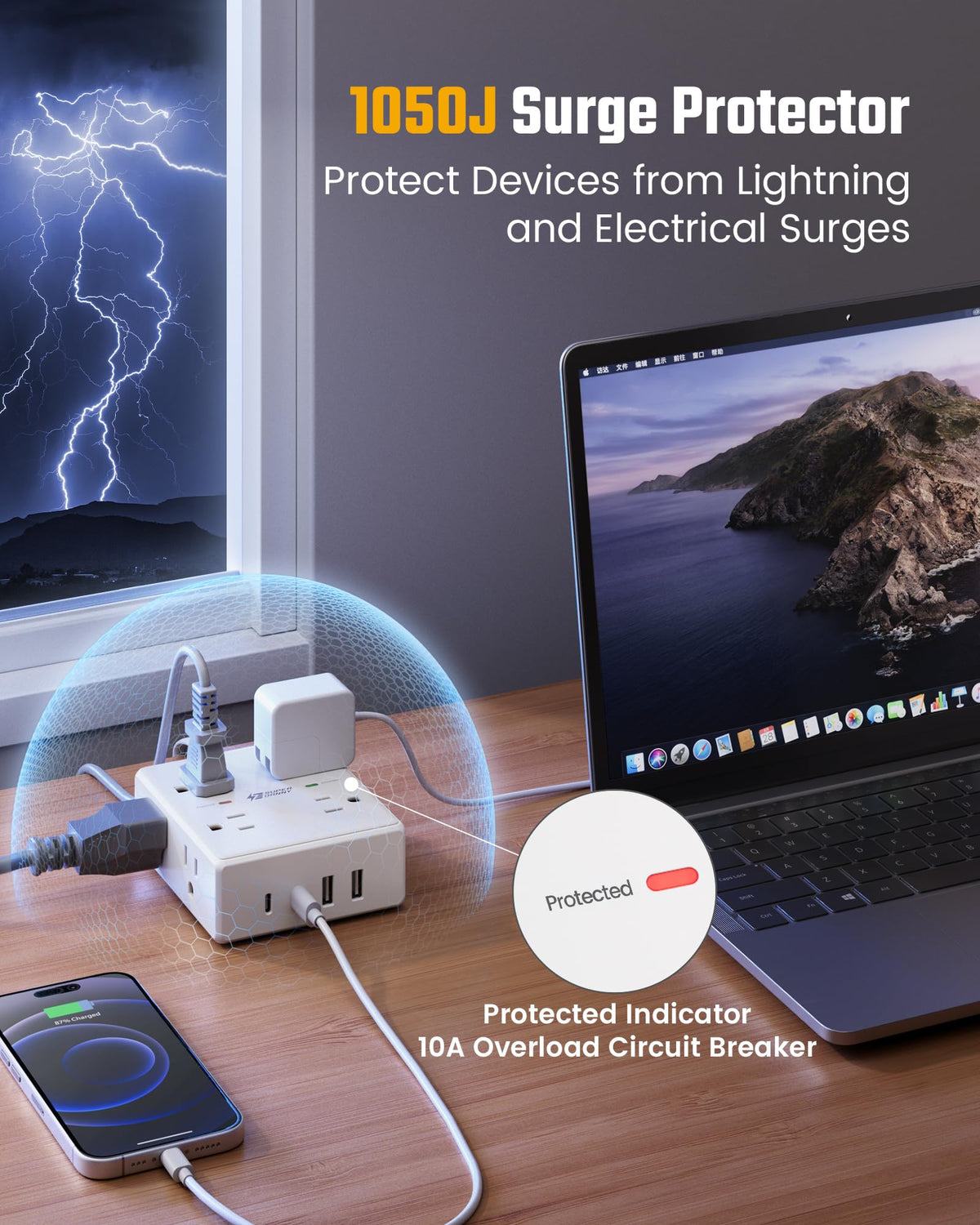 SUPERDANNY wall-mountable power strip secured on a desk edge.