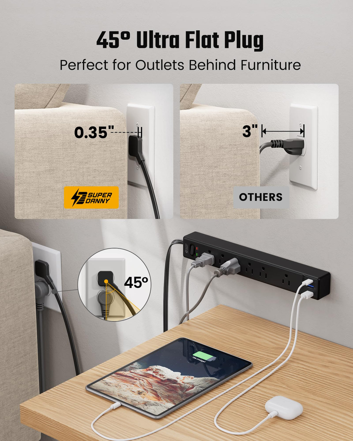 SUPERDANNY wall-mountable power strip mounted on a wall or desk