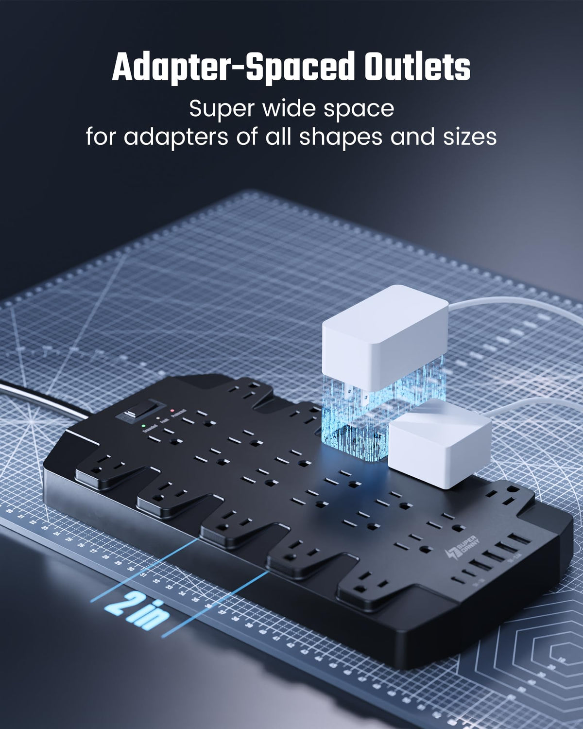 SUPERDANNY detail of 2-inch wide outlet spacing allowing bulky plugs side-by-side