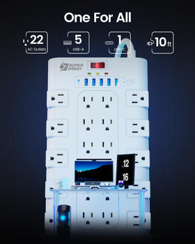 SUPERDANNY close-up of widely spaced outlets to prevent adapter blocking and clutter