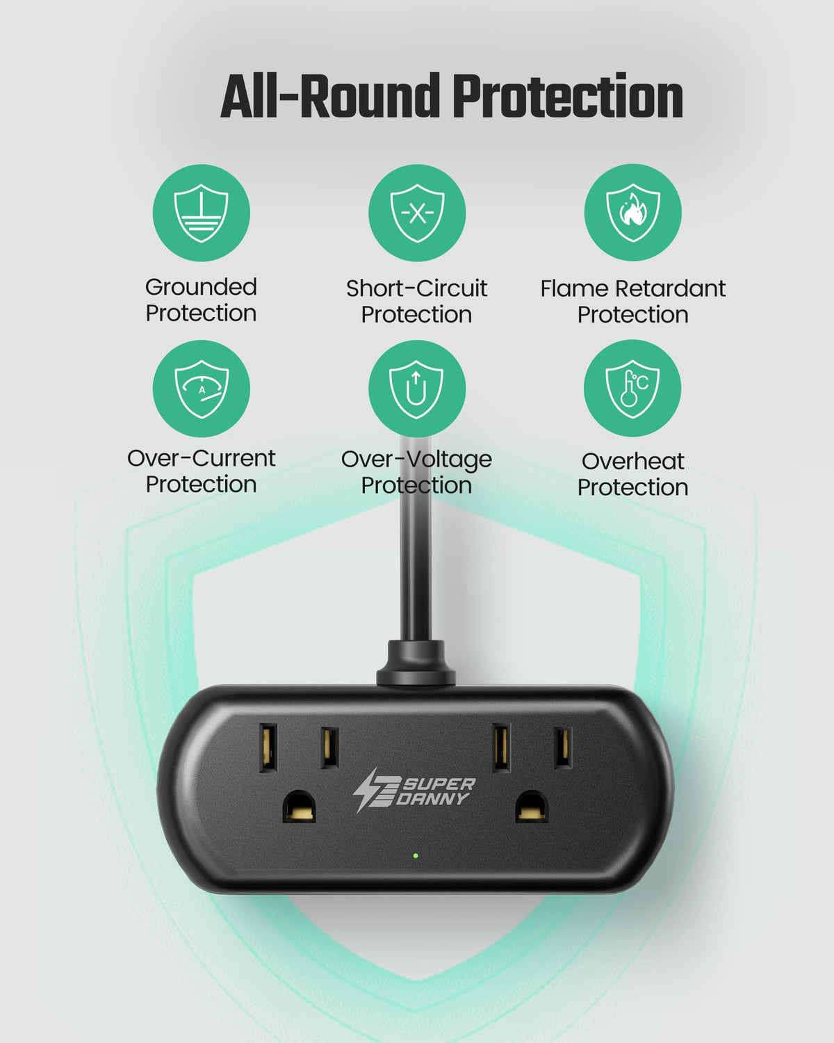 SUPERDANNY wide-spaced outlets accommodate bulky adapters without blocking