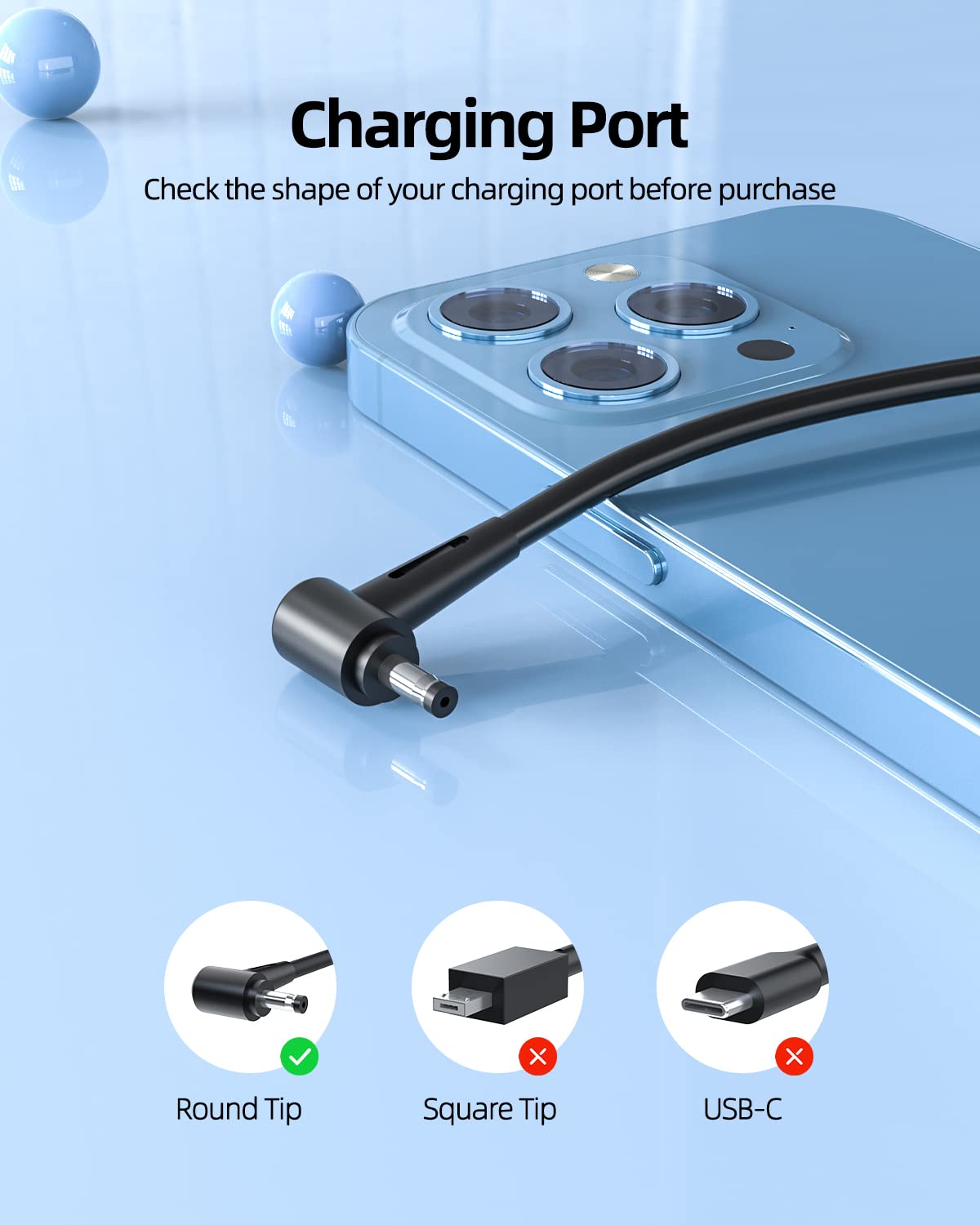 Closeup of round-tip connector highlighting 4.5x3.0mm size for ASUS Vivobook