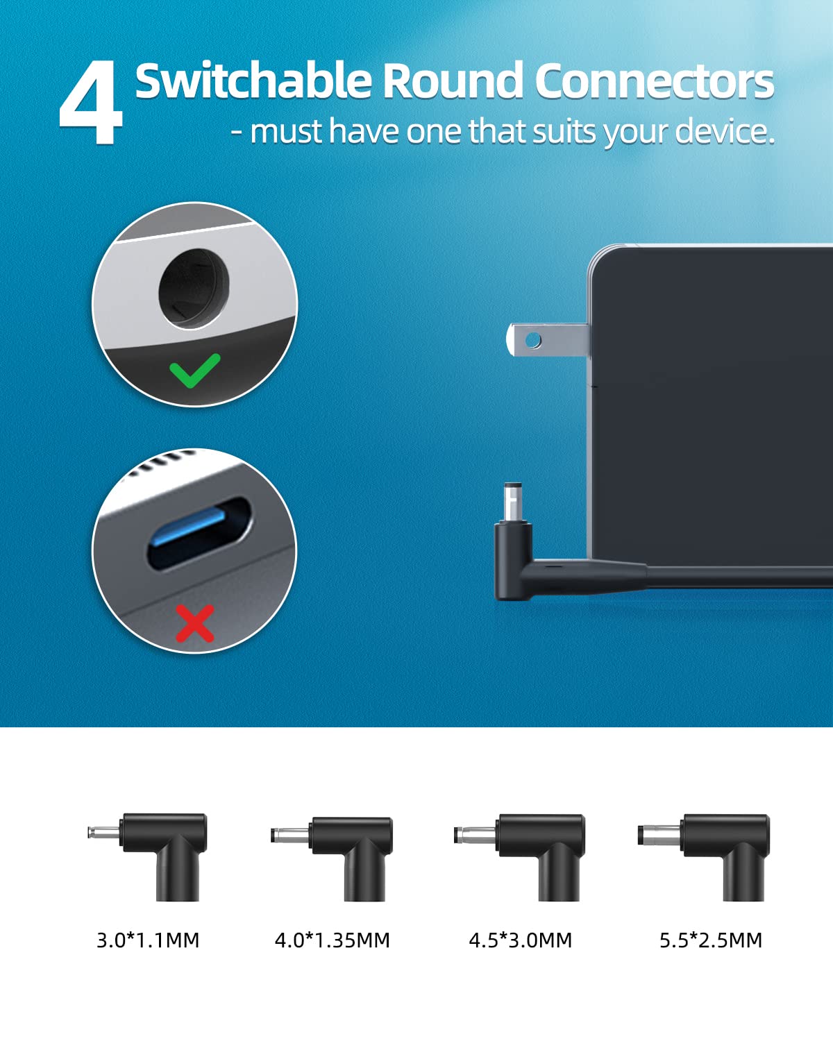 Superer charger with switchable round connectors for multiple Asus models