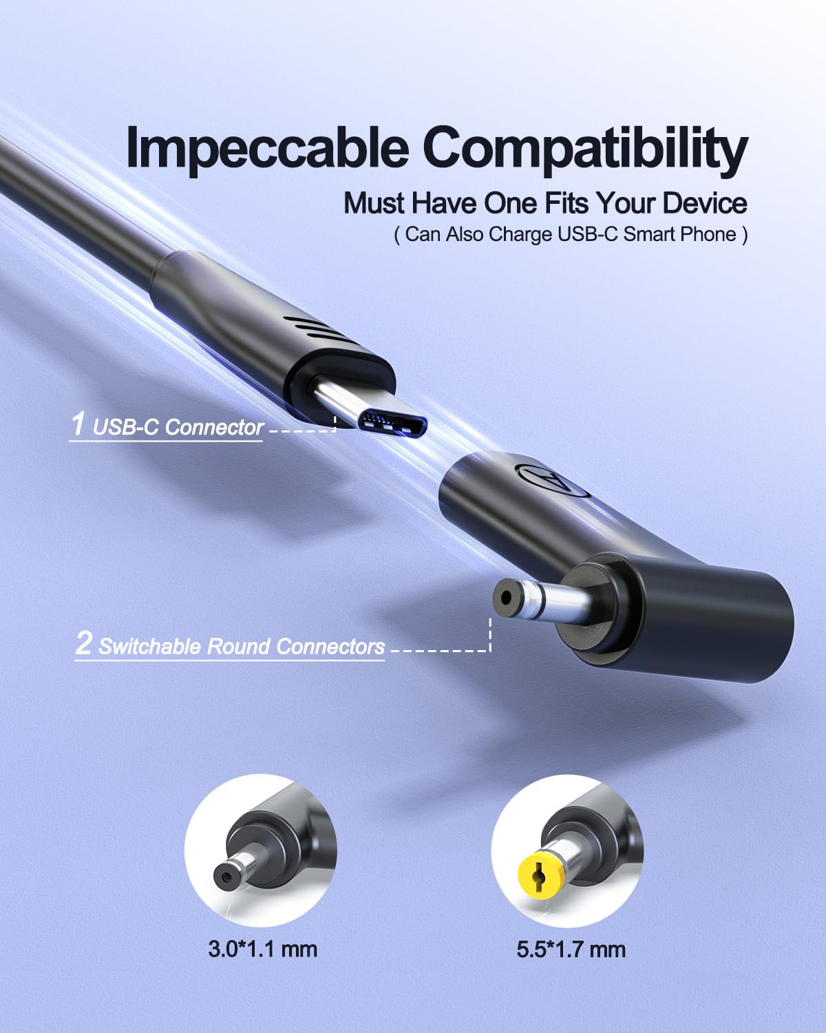 Superer detachable 5.5mm tip shown for Acer Aspire and TravelMate compatibility.