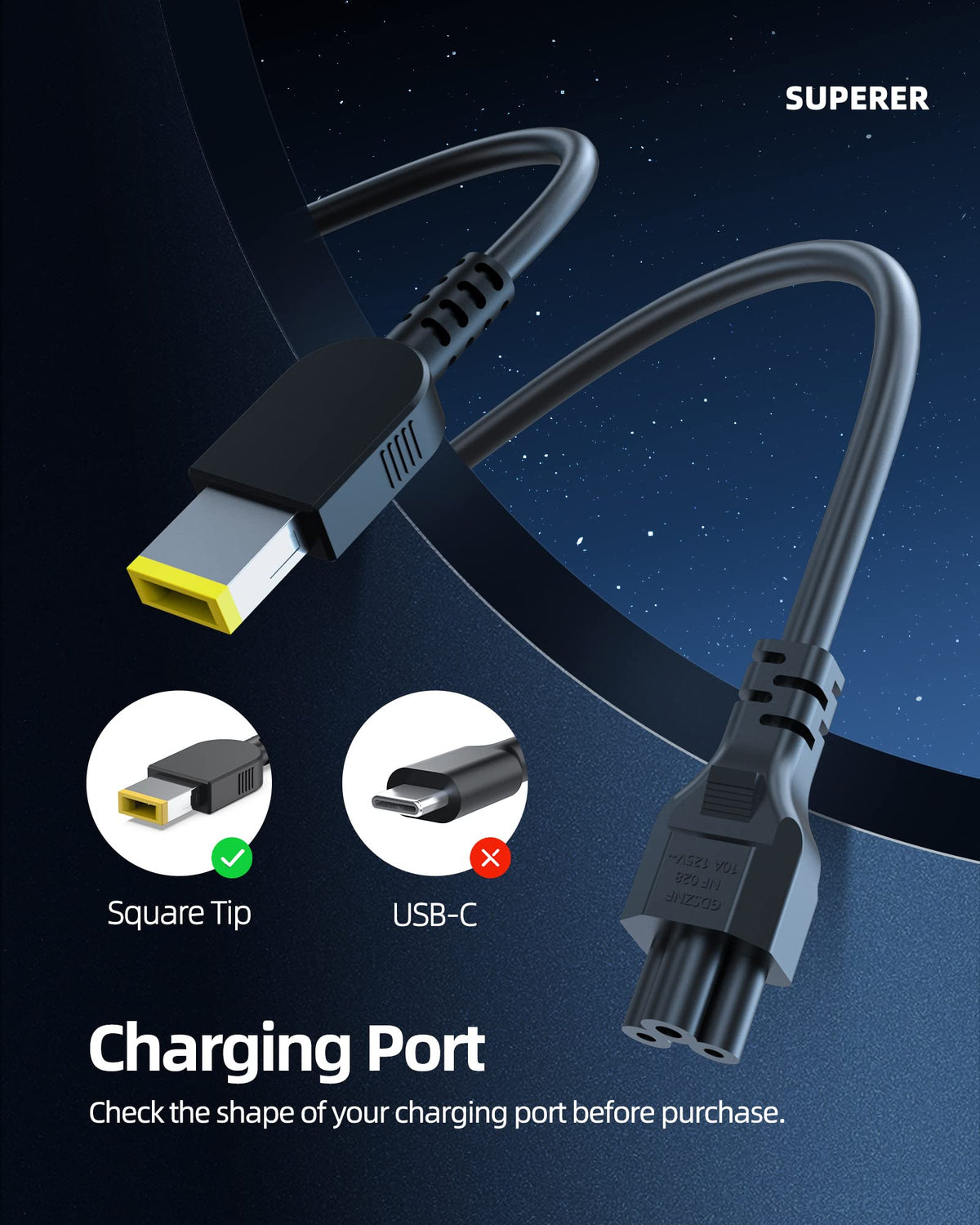 Superer slim-tip connector close-up fitting Lenovo jack for secure connection