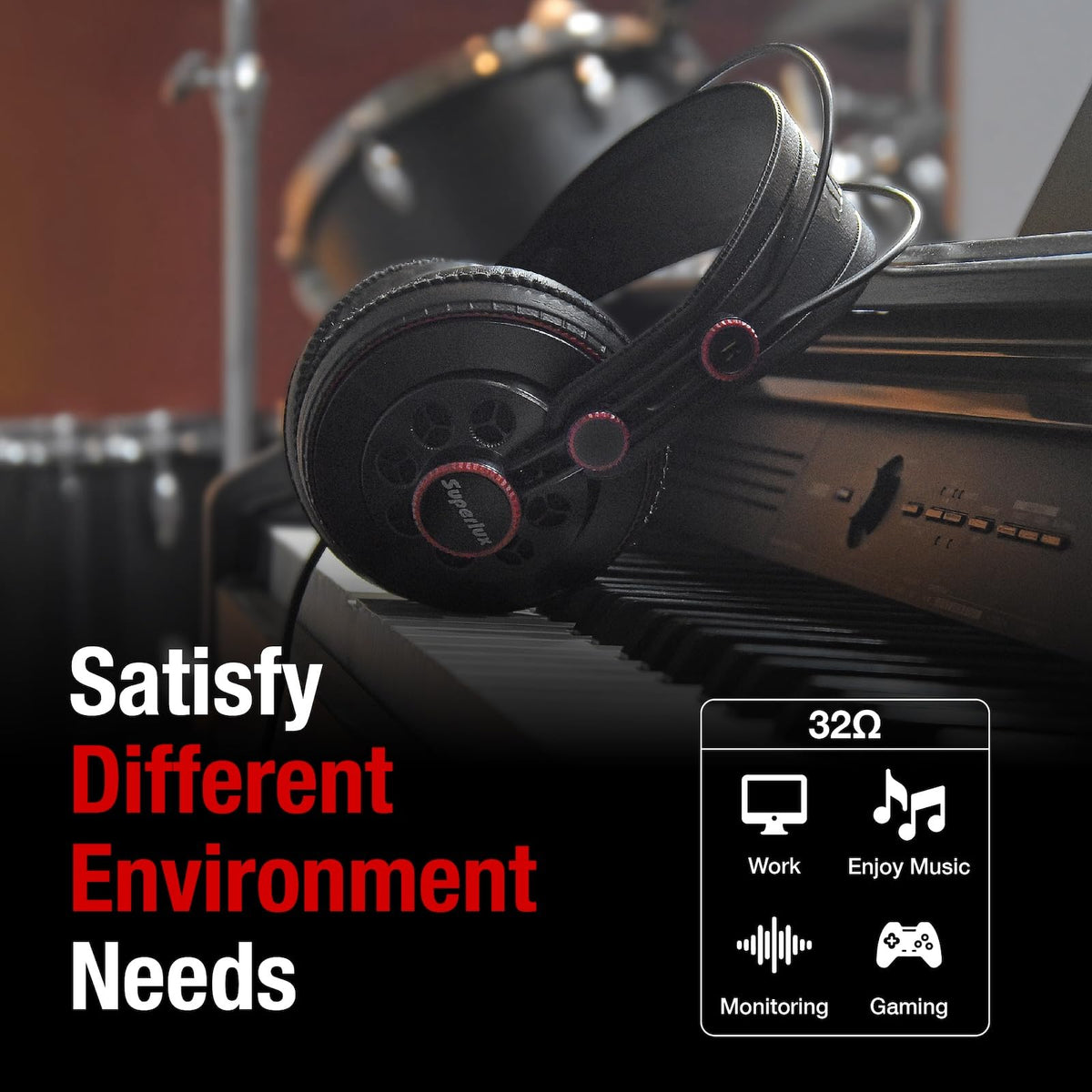 Superlux HD681 worn by model to show size and scale for comfortable studio use