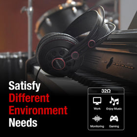 Superlux HD681 worn by model to show size and scale for comfortable studio use