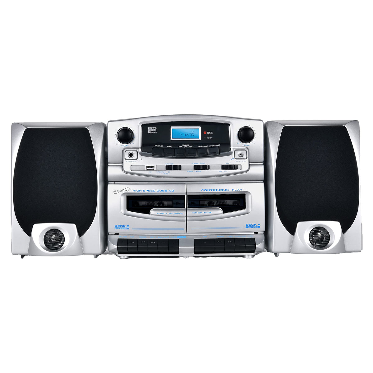 Supersonic SC-2121BT front panel with Bluetooth and controls for quick wireless pairing.