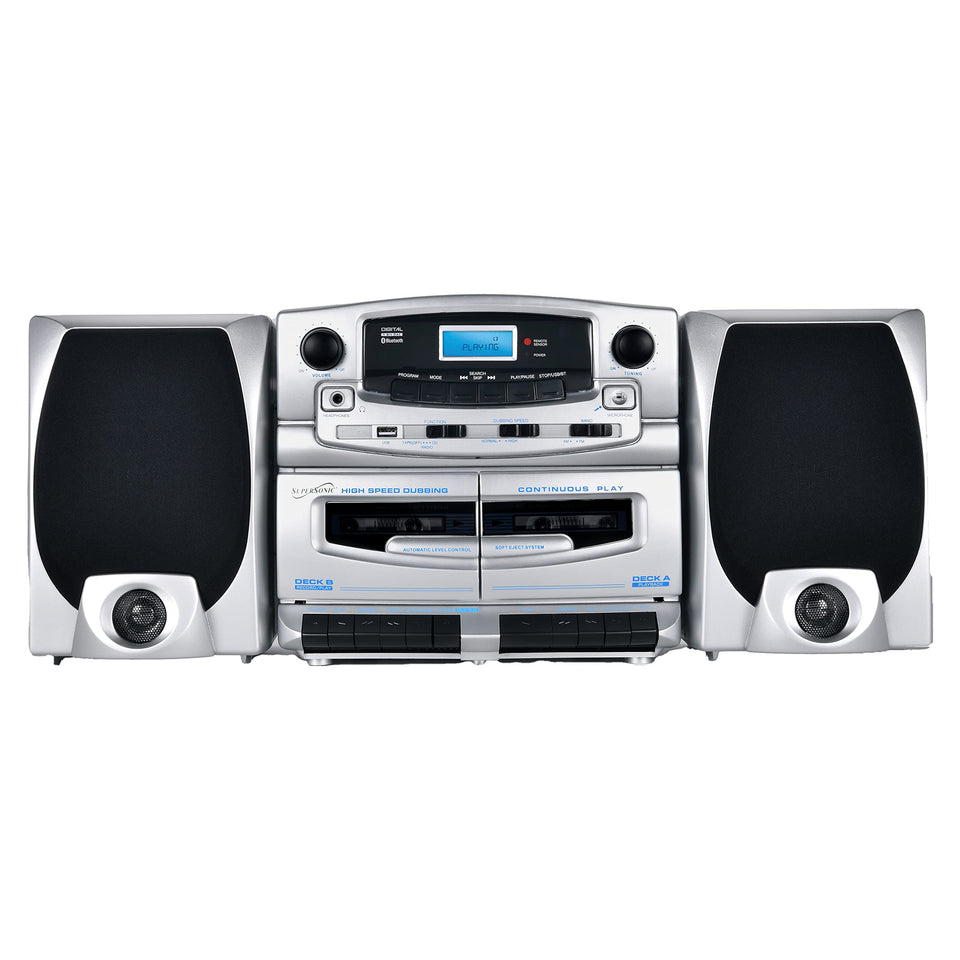 Supersonic SC-2121BT front panel with Bluetooth and controls for quick wireless pairing.