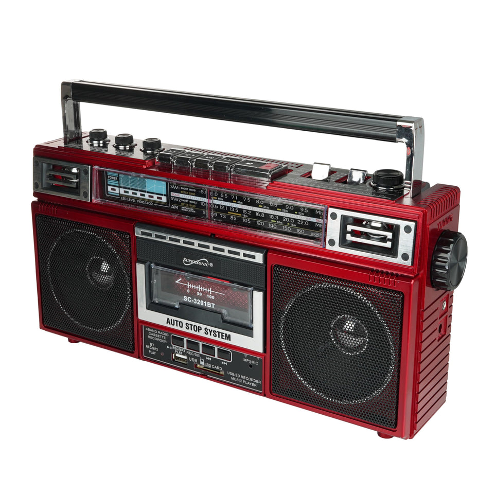 Supersonic SC-3201BT front view showing controls and speaker, clear playable interface