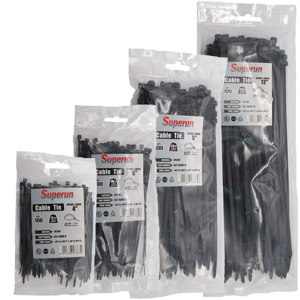 Superun 400-pack zip ties in assorted sizes for versatile home and workshop organization.
