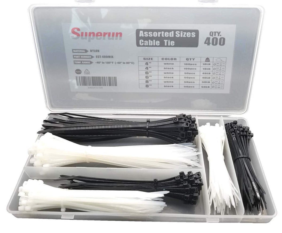 Superun zip tie kit with divided box for organized fasteners