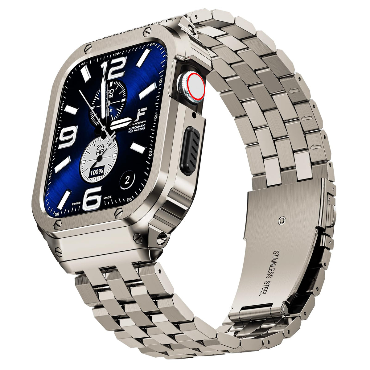 SUPLINK front view of band and case showing premium titanium color and protection