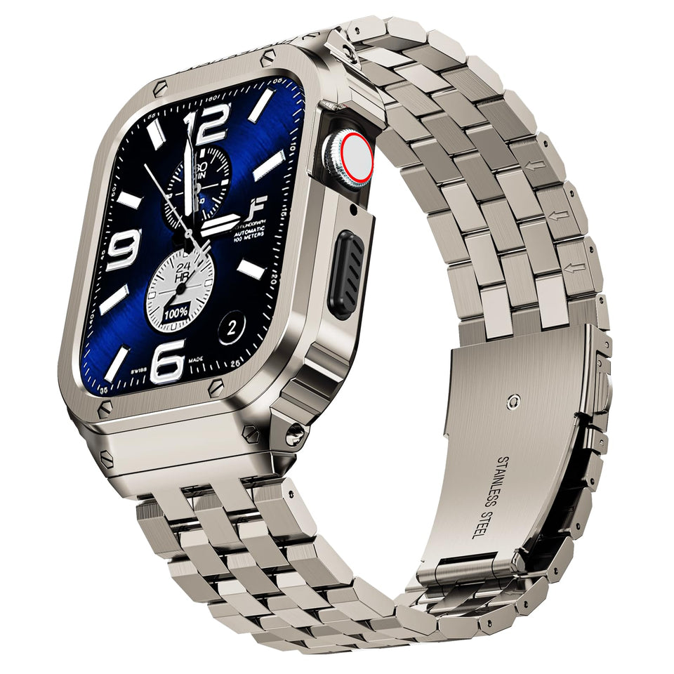SUPLINK front view of band and case showing premium titanium color and protection