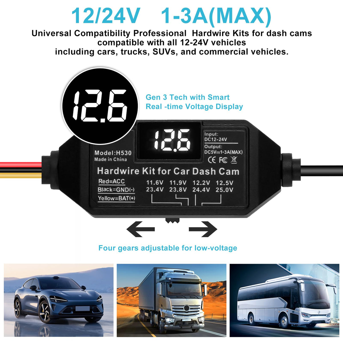 Suplogico universal 12-24V compatibility for cars, trucks, and vans.